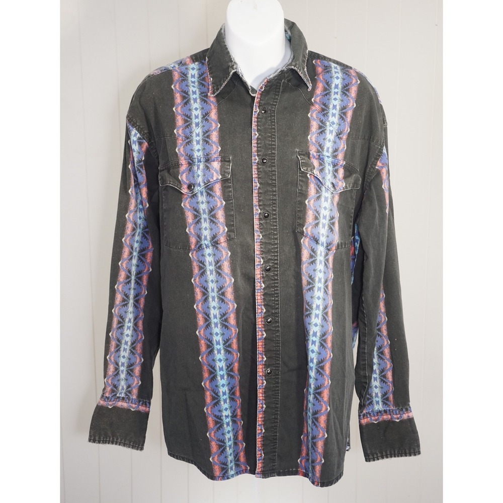 Rustler Size M Black Aztec Print Western Snap Denim Shirt Vintage